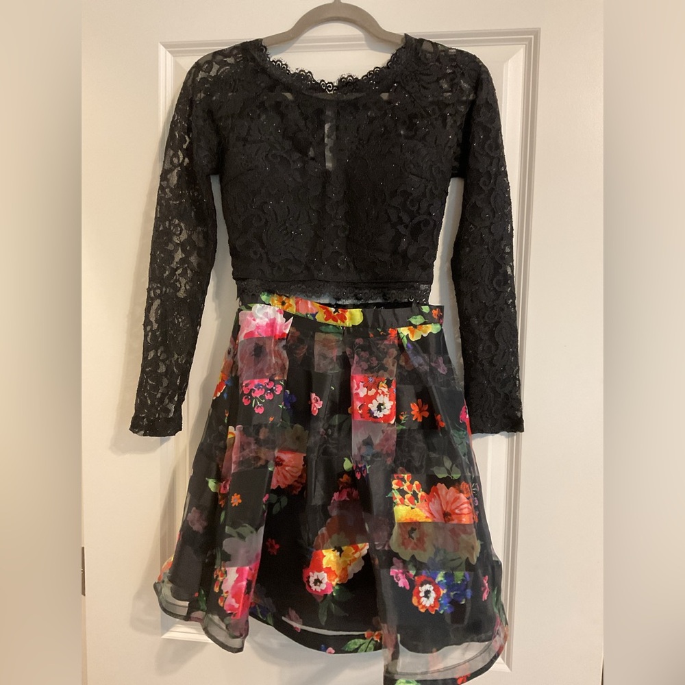 Sequin Hearts - Lace Floral Black and Multicolored 2 piece top and skirt